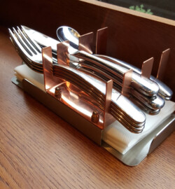 Folded copper and stainless steel cutlery holder